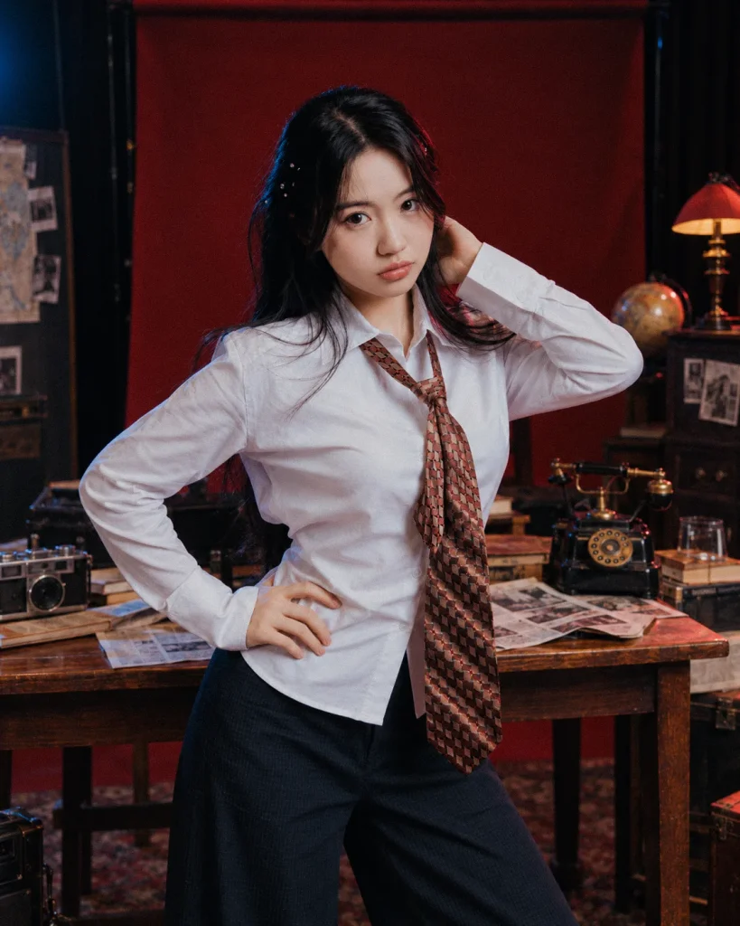 Bạn nữ mặc sơ mi và cà vạt cạnh góc bàn vintage — Góc Bàn Năm Ấy