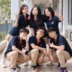 Nhóm bạn mặc polo navy ngồi cùng nhau ở hành lang trường — Một Hội Bạn, Một Sân Trường