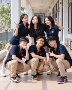 Chụp kỷ yếu tại trường ở Hưng Yên: xin lịch và chọn những góc thuộc về lớp mình 7 Nhóm bạn mặc polo navy ngồi cùng nhau ở hành lang trường — Một Hội Bạn, Một Sân Trường