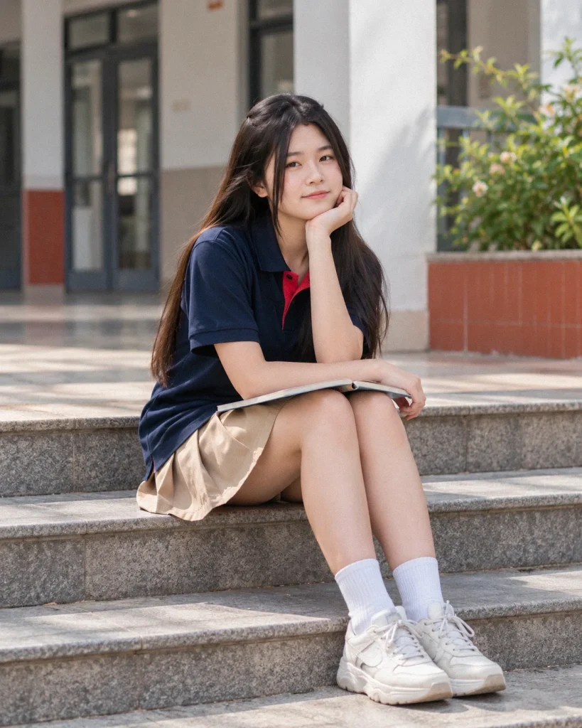 Bạn nữ ngồi trên bậc thềm trong đồng phục polo — Một Hội Bạn, Một Sân Trường