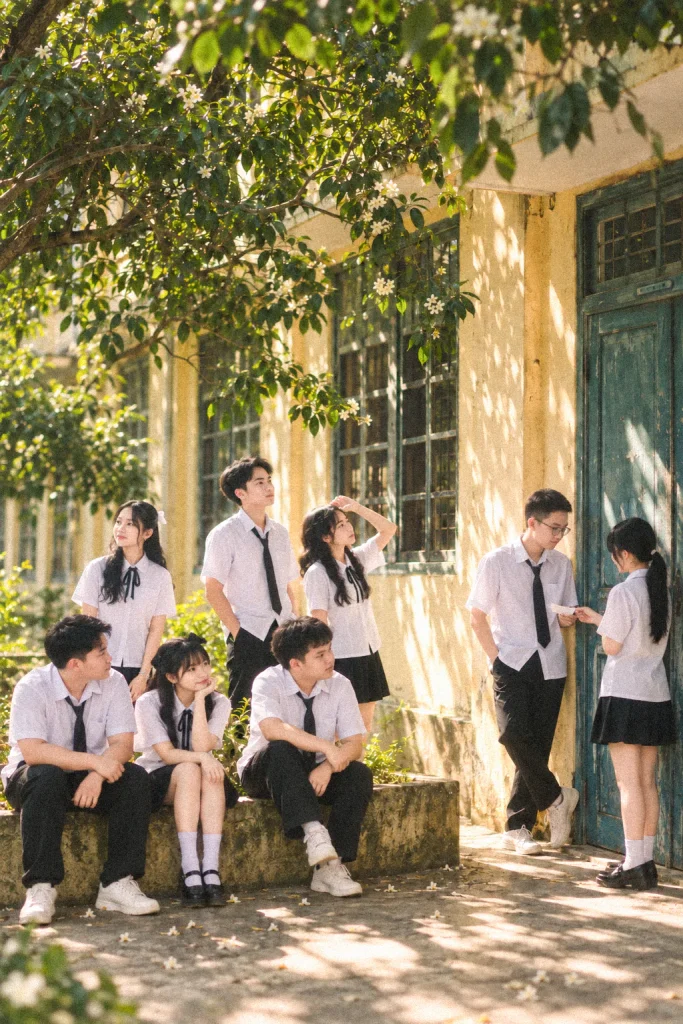 Nhóm học sinh tạo dáng cùng nhau dưới tán cây trong sân trường