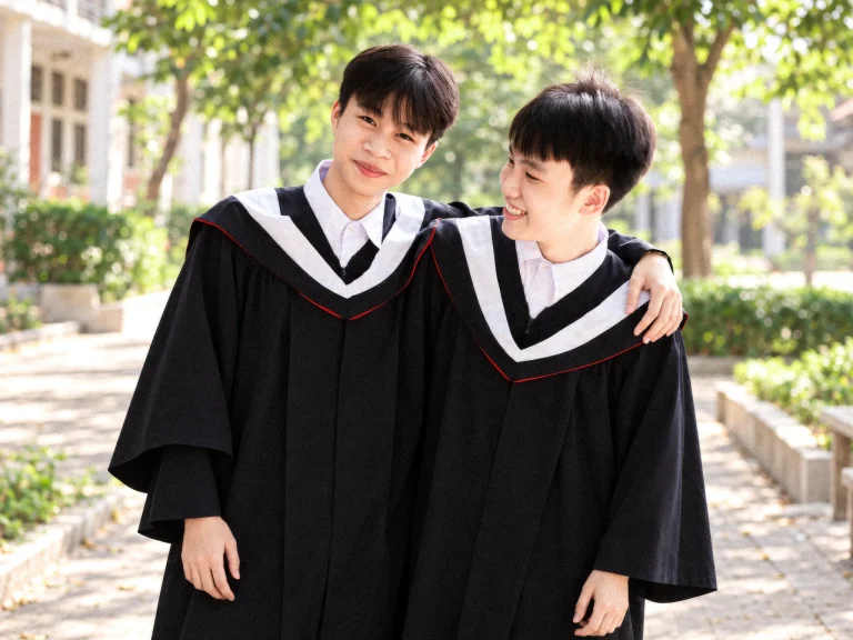 Hai bạn mặc áo cử nhân khoác vai nhau trong sân trường