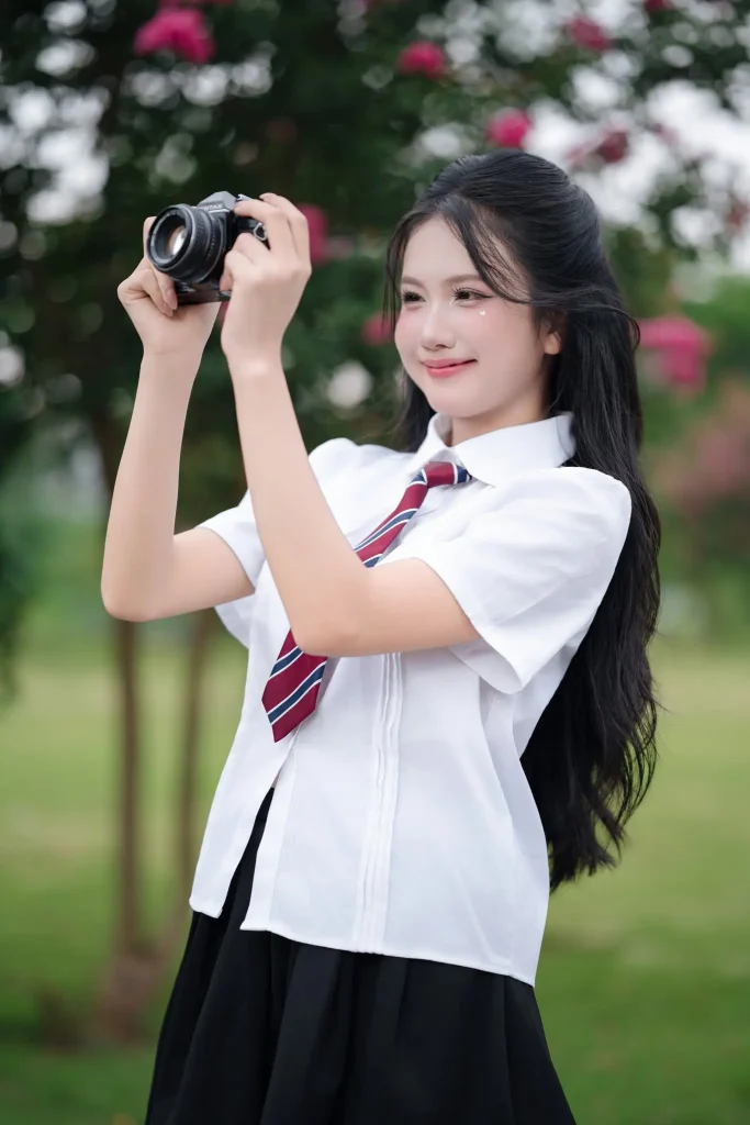Bạn nữ mặc đồng phục cầm máy ảnh trước ngực