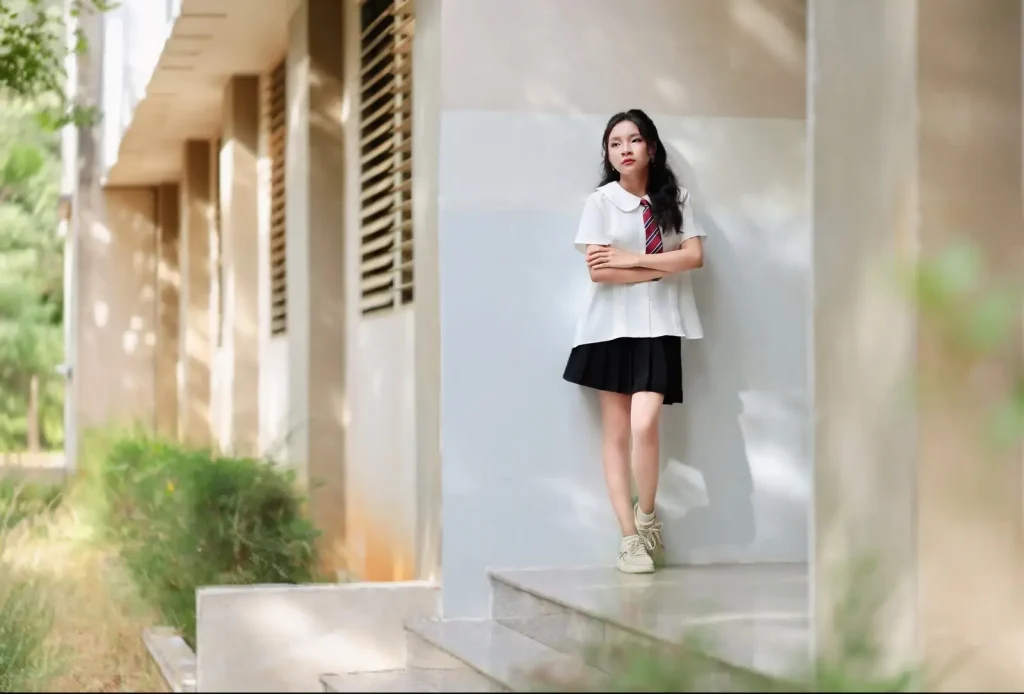 Chân dung nữ sinh mặc sơ mi trắng và cà vạt bên hành lang