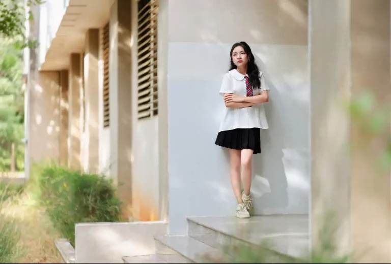 Chân dung nữ sinh mặc sơ mi trắng và cà vạt bên hành lang