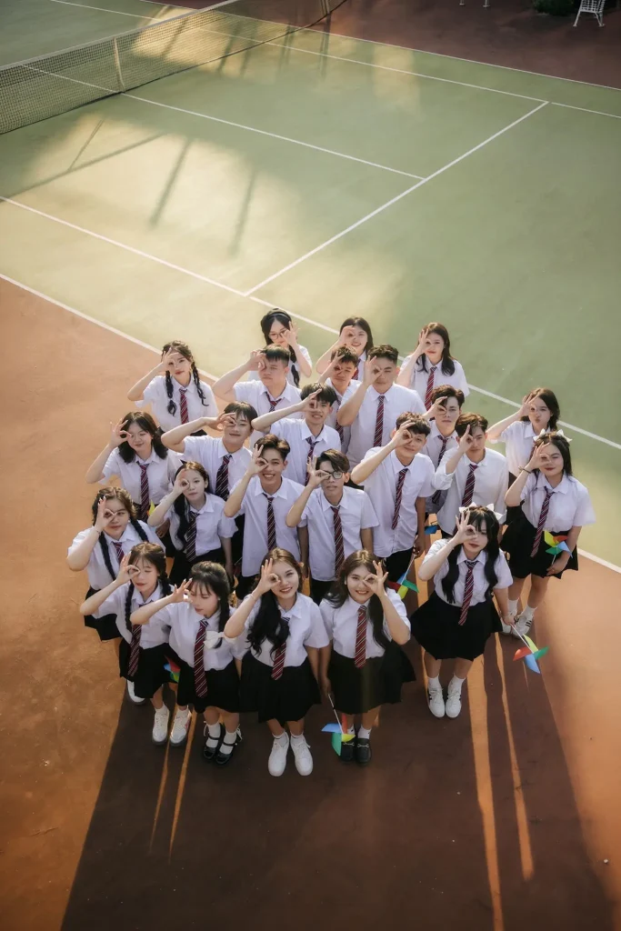 Nhóm học sinh cùng chong chóng trước dãy lớp