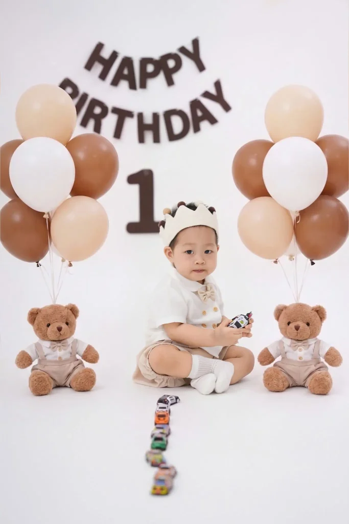 Thôi nôi ở Hưng Yên: chụp tại nhà hay tại tiệc, ảnh nào giữ được, ảnh nào dễ thiếu? 1 Sinh nhật với bóng bay trắng nâu