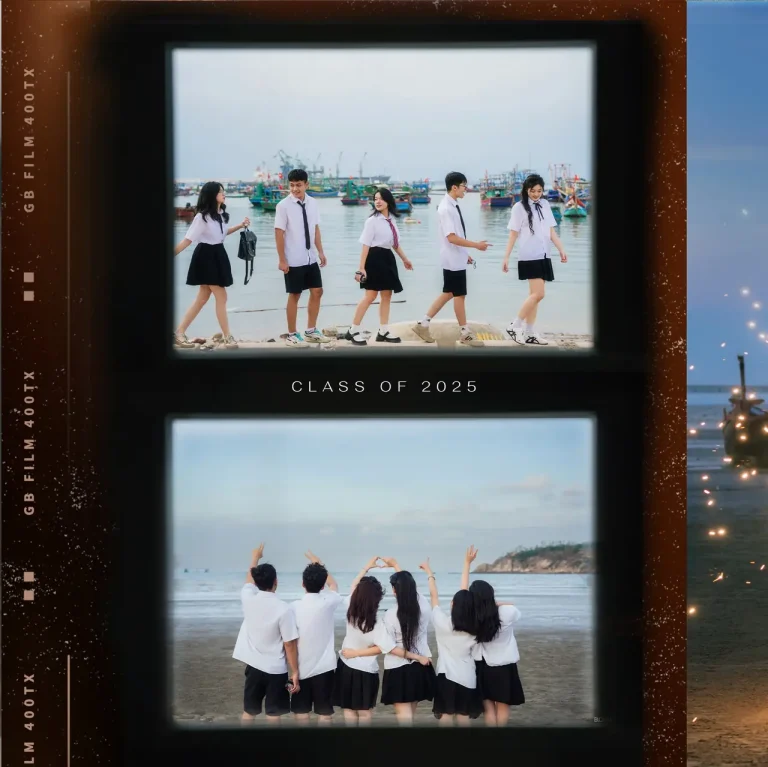 Bố cục ảnh kỷ yếu với khung phim và chữ Class of 2023