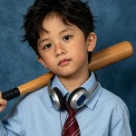 Chân dung bé mặc sơ mi trên nền xanh với gậy và tai nghe