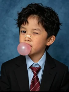 Chân dung bé thổi kẹo bong bóng trên nền xanh