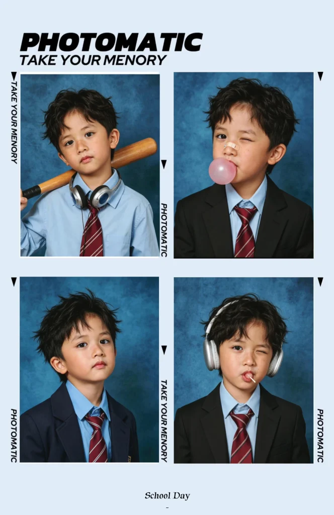 Trang ghép bốn chân dung bé có chữ PHOTOMATIC