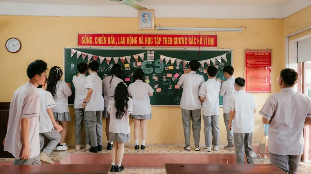 Nhóm học sinh bên bảng lớp và ảnh lưu niệm