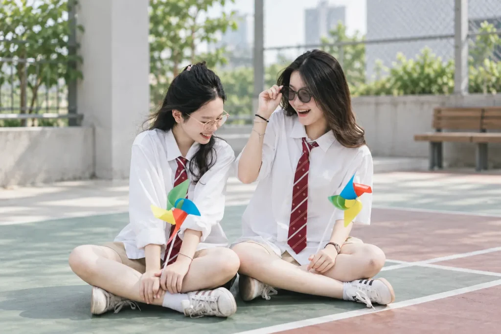 Hai bạn ngồi trên sân cùng chong chóng