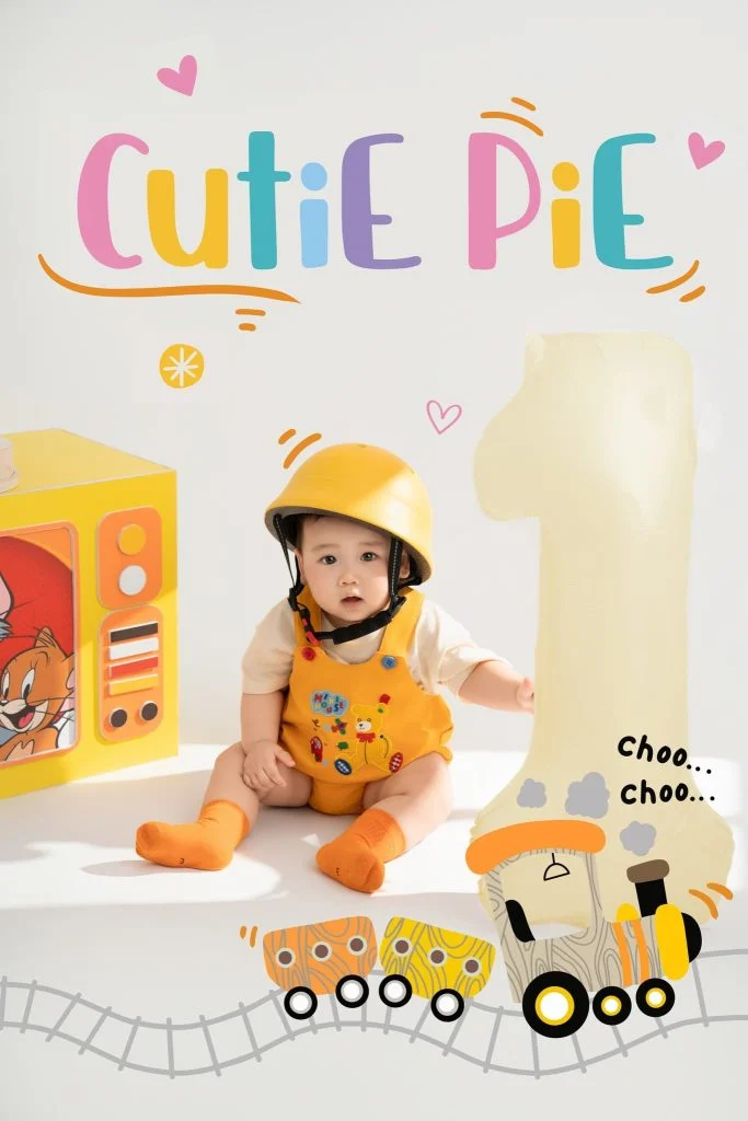 Bé đội mũ vàng trong bối cảnh chiếc xe và nhân vật minh họa