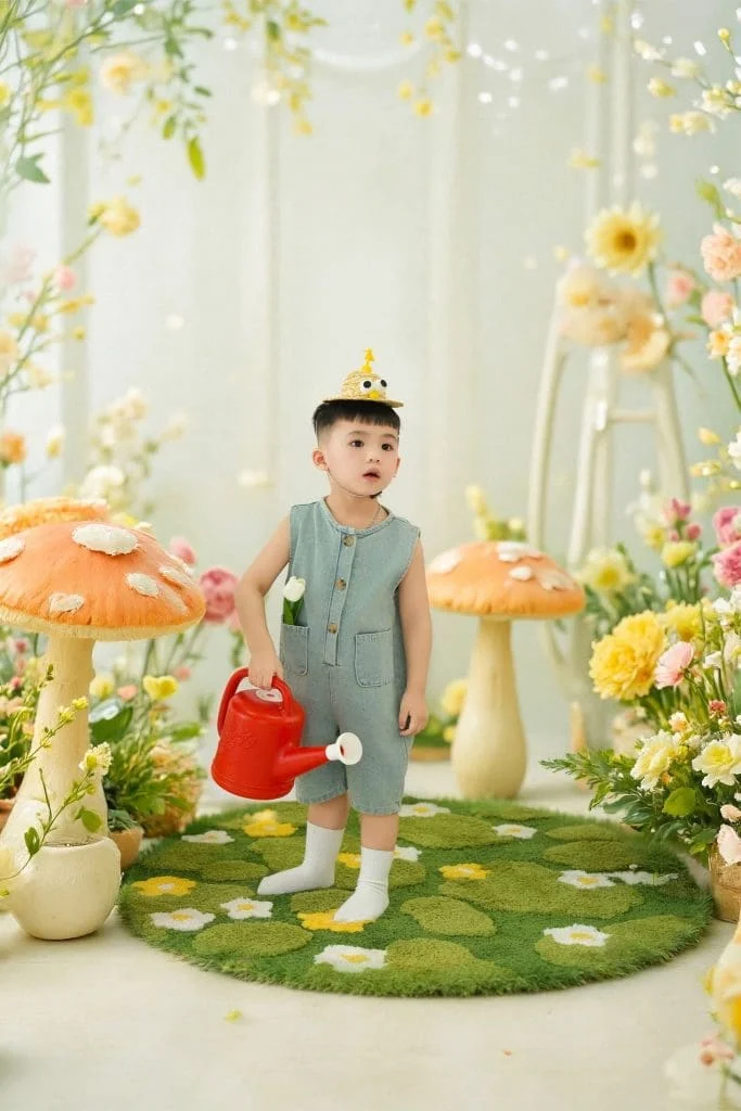 Bé tạo dáng trong bối cảnh cây hoa tông xanh và vàng