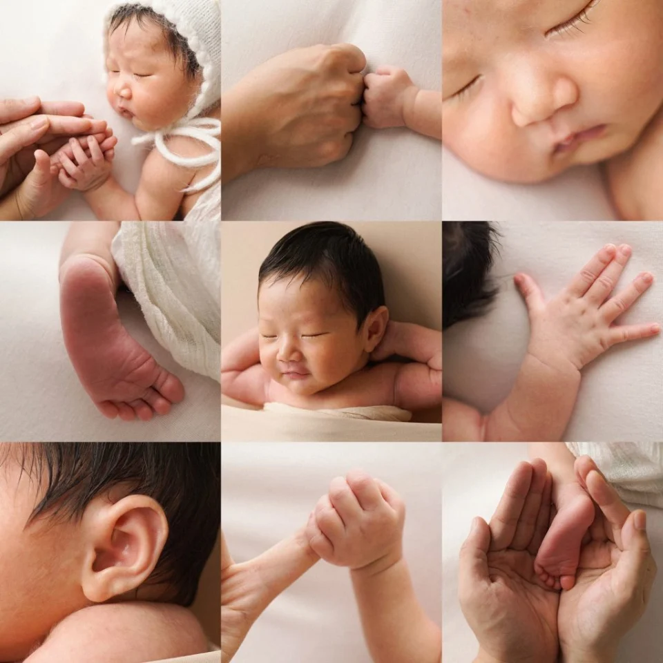Bố cục ảnh cận gương mặt, bàn tay và bàn chân của bé sơ sinh