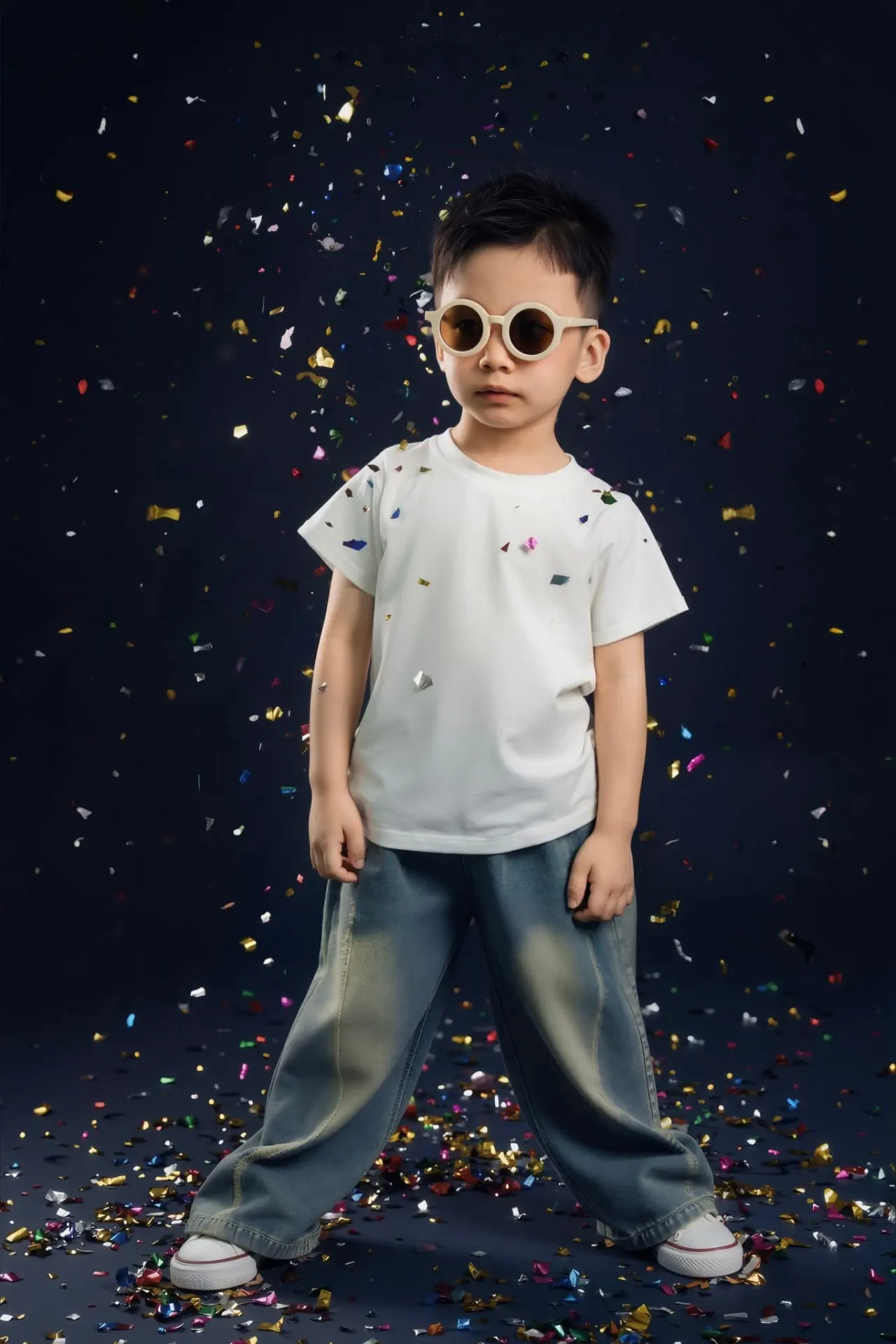 Bảng giá chụp ảnh bé và gia đình tại Moomi Studio 23 Bé đứng đeo kính râm, mặc áo xám và quần jeans rộng