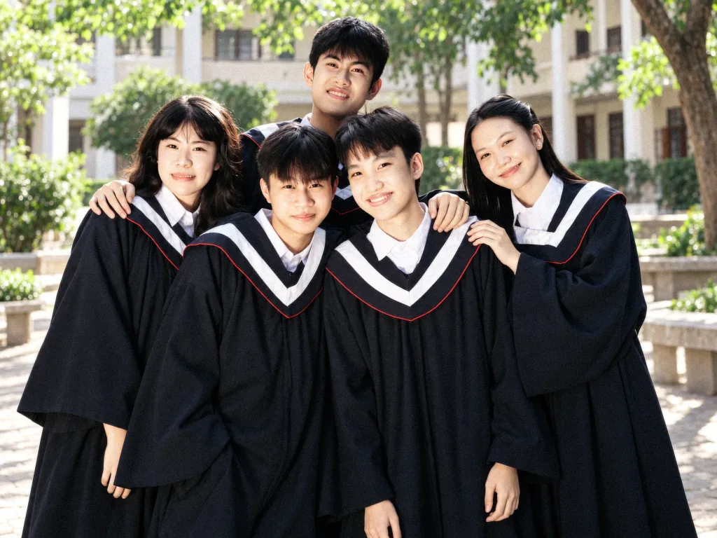 Nhóm bạn mặc trang phục cử nhân tại sân trường