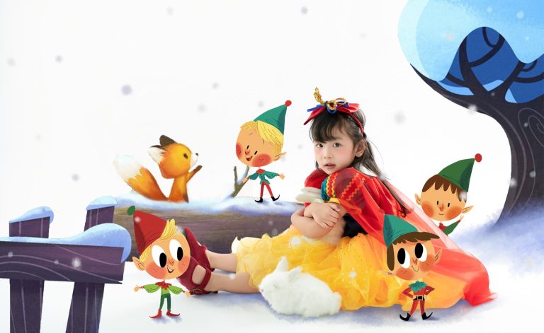 Bé gái mặc váy Bạch Tuyết trong bối cảnh cổ tích minh họa