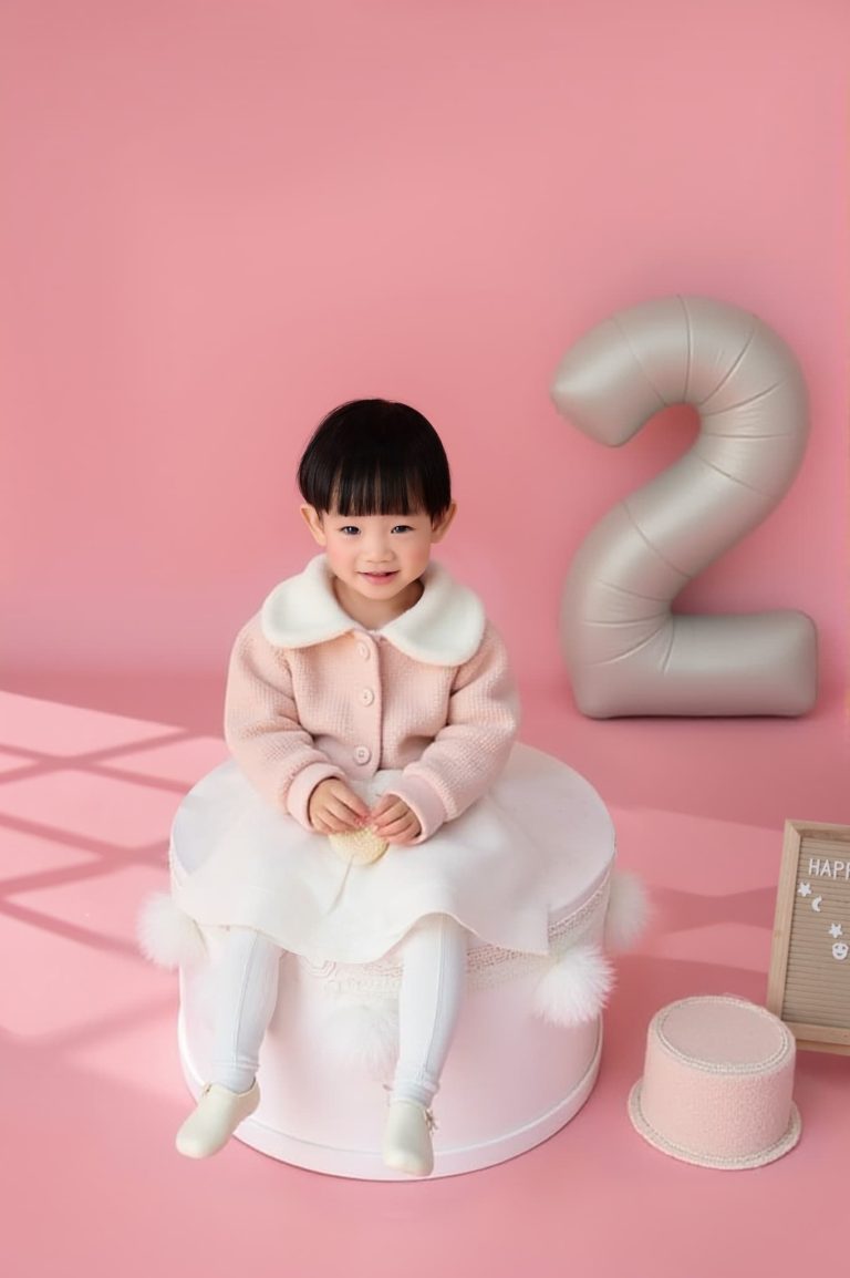 Bé gái ngồi bên bóng số hai trong bộ ảnh sinh nhật nền hồng