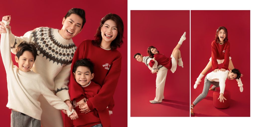 Bố cục ảnh gia đình và chân dung áo dài trên nền đỏ