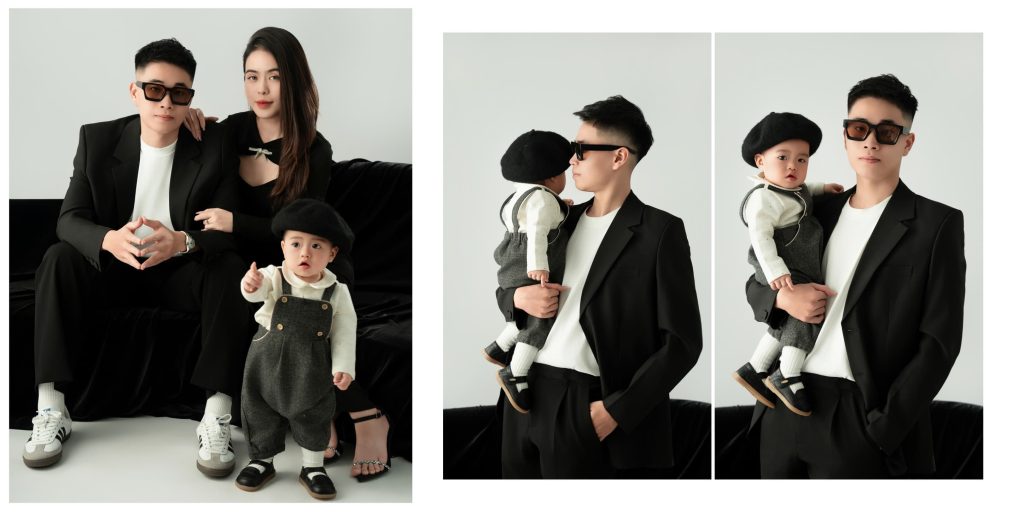 Bố cục nhiều ảnh gia đình mặc đồ đen trong studio