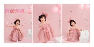 Bố cục ảnh bé gái mặc váy công chúa trên nền hồng
