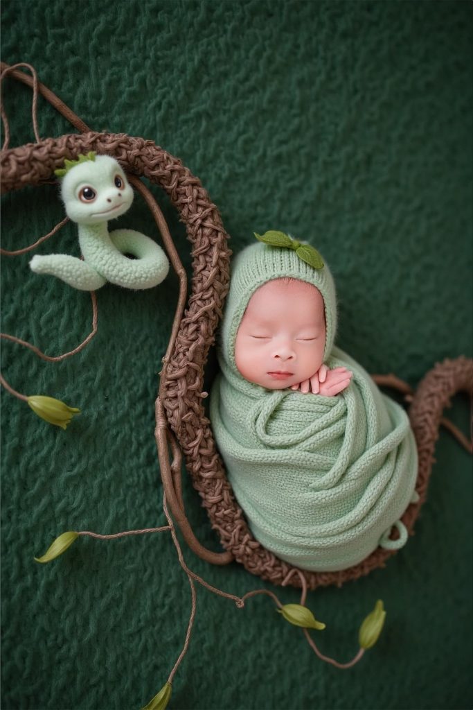 Ảnh sơ sinh bé Thor trong khăn xanh, bên cành lá và chi tiết minh họa tại Moomi