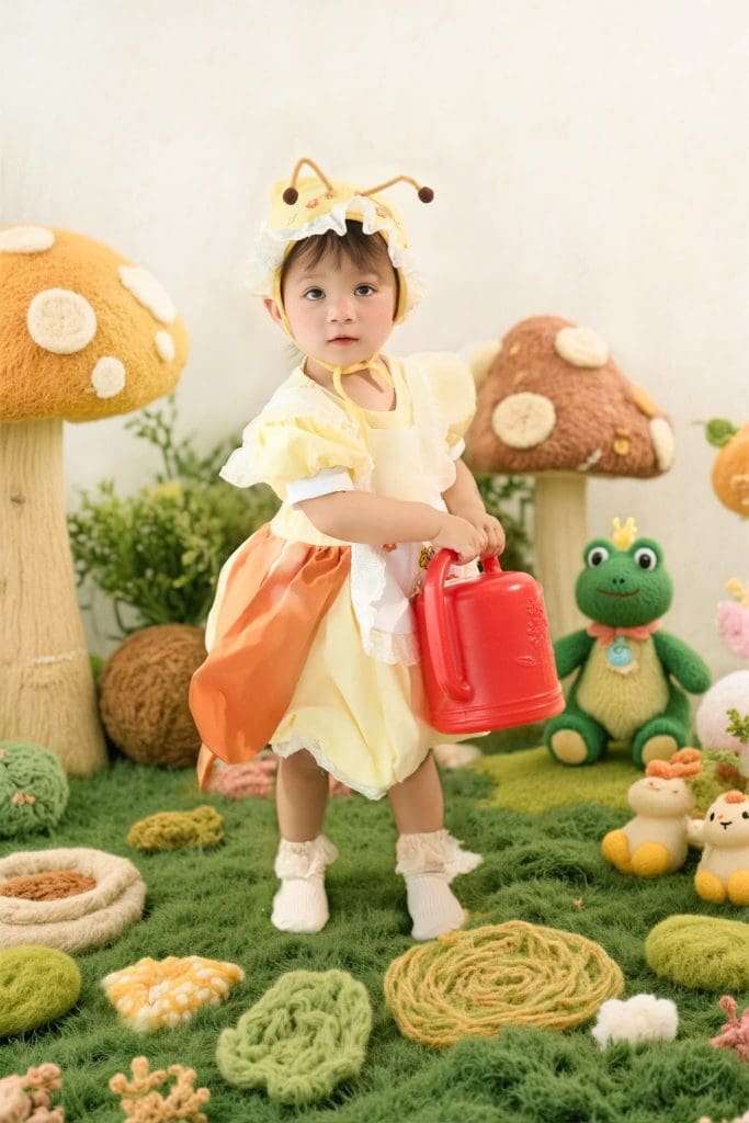 Bé mặc váy vàng trong bối cảnh khu vườn cổ tích