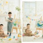Bố cục nhiều ảnh sinh nhật của bé trong bối cảnh cây hoa