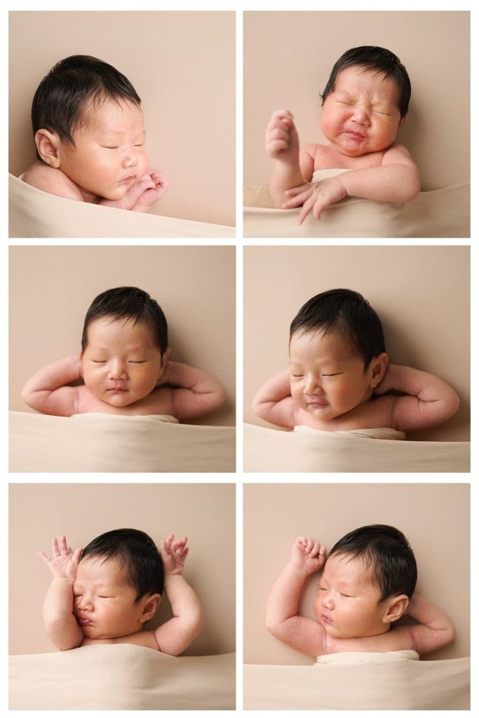 Bố cục nhiều biểu cảm và cử động của bé sơ sinh trên nền sáng