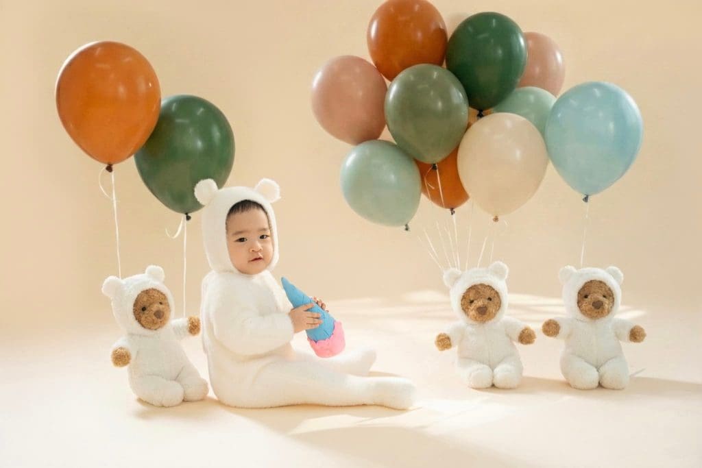 Bé đội mũ gấu trắng ngồi cầm đồ chơi cạnh bóng bay pastel