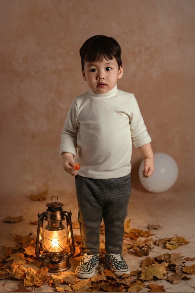 Tổng hợp concept chụp ảnh cho bé 7 Bé đứng cầm bóng trắng giữa lá thu trang trí