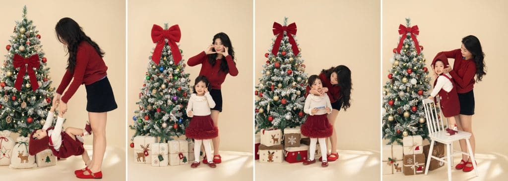 Ảnh ghép bốn khoảnh khắc mẹ và bé bên cây thông Noel